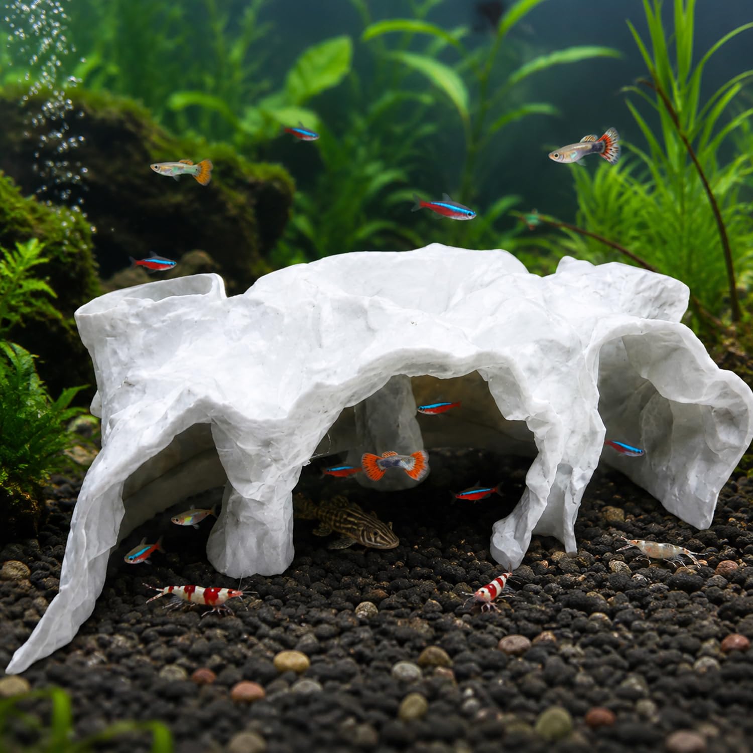 Aquarium cave decoration, a hiding place for fish tanks, suitable for betta fish, shrimp and small fish, resin decoration, multiple openings, 3 sizes (White, Large)