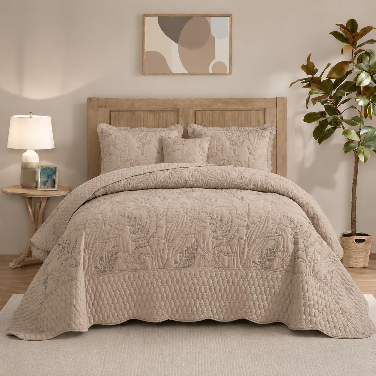 DaisyHuang Oversized Bedspread with Leaf Stitching in Taupe