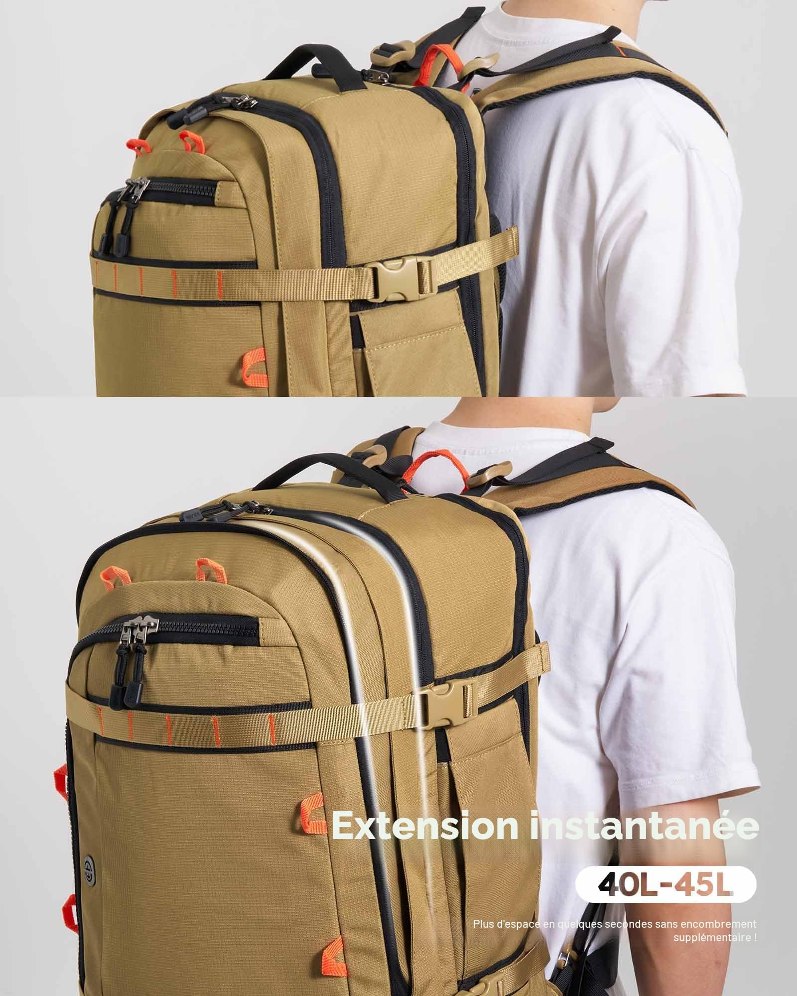 Tolaccea Sac a Dos Voyage Cabine Avion Extensible 45L-50L, Sac à Dos Voyage Imperméable Grand Compatible TSA Antivol, Sac a Dos Ordinateur 17,3“, Sac Cabine Avion pour Homme Femme Voyage, Kaki
