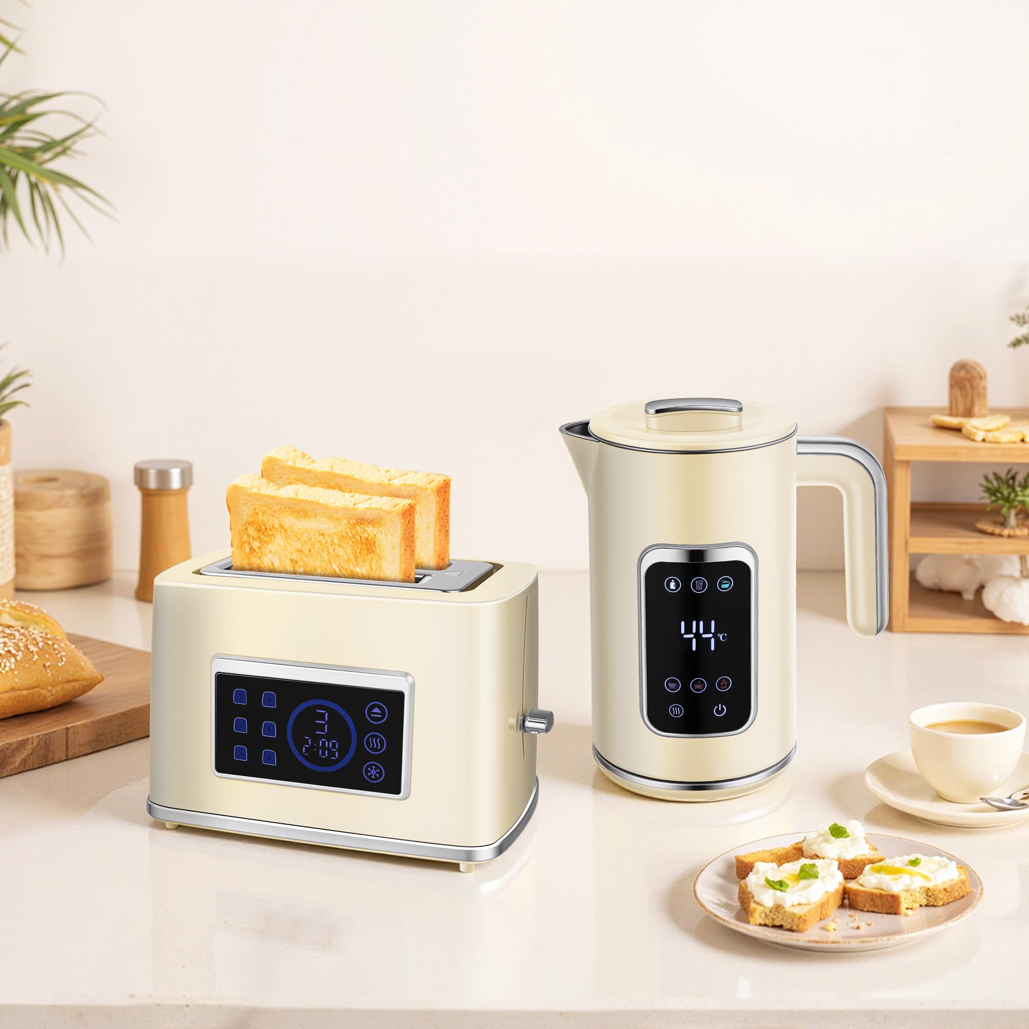 HOMCOM Wasserkocher Toaster Set 1,7L Edelstahl 2200W mit Memory-Funktion 55-90°C Warmhaltefunktion 2 Scheiben Toaster 6 Bräunungsstufen Creme