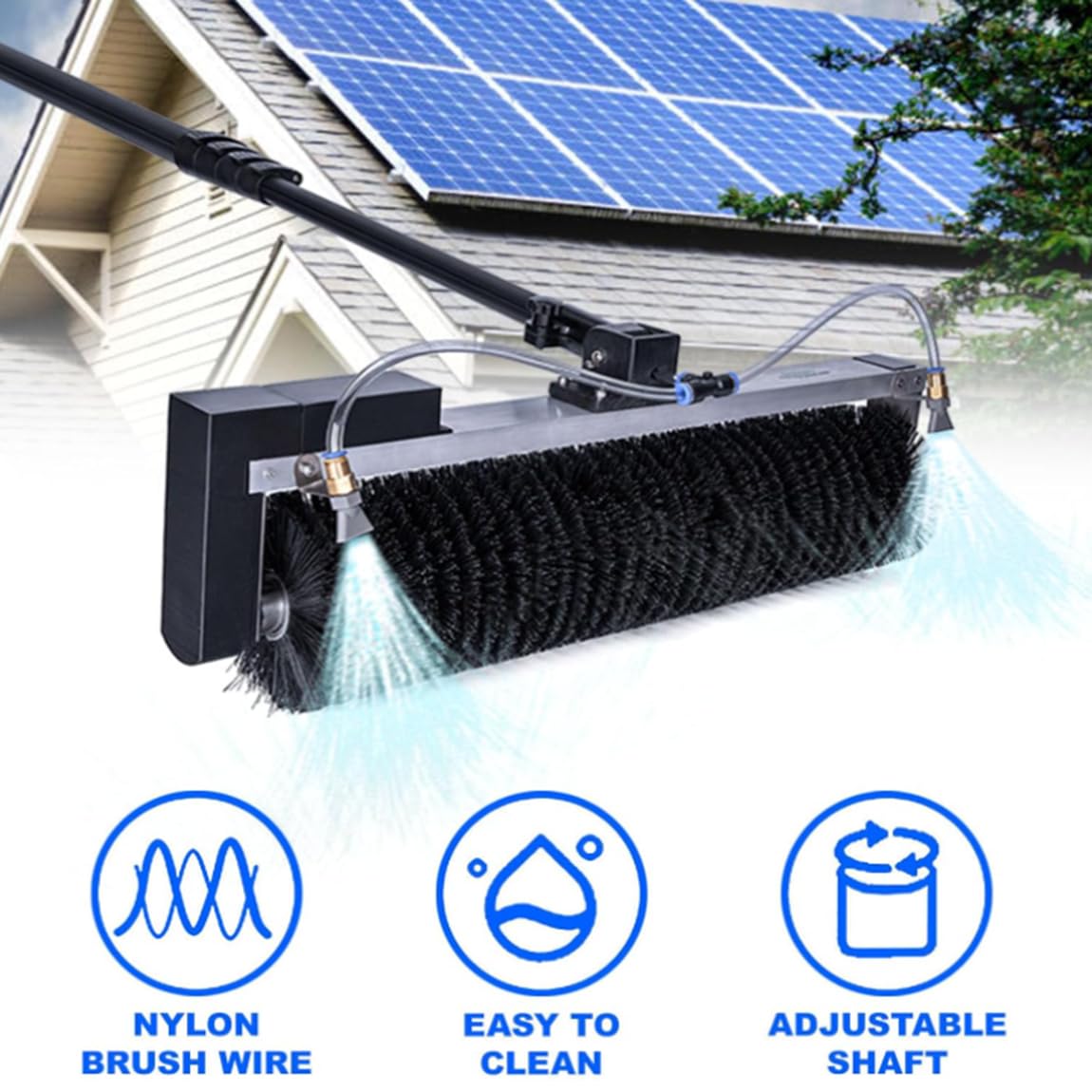 Zestaw elektrycznych pędzli do czyszczenia paneli słonecznych, szczotka obrotowa o 360° (60 cm) + regulowany drążek teleskopowy 5,5 m dla wydajnego czyszczenia na zewnątrz