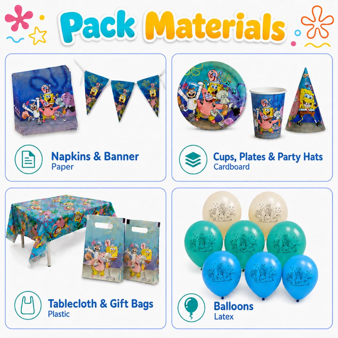 SpongeBob Compleanno, Kit Compleanno Bambini 62 Pezzi con Decorazioni Festa, Piatti, Bicchieri, Tovaglioli, Palloncini, Tovaglia, Sacchetti Regalo, Cappellini e Ghirlanda