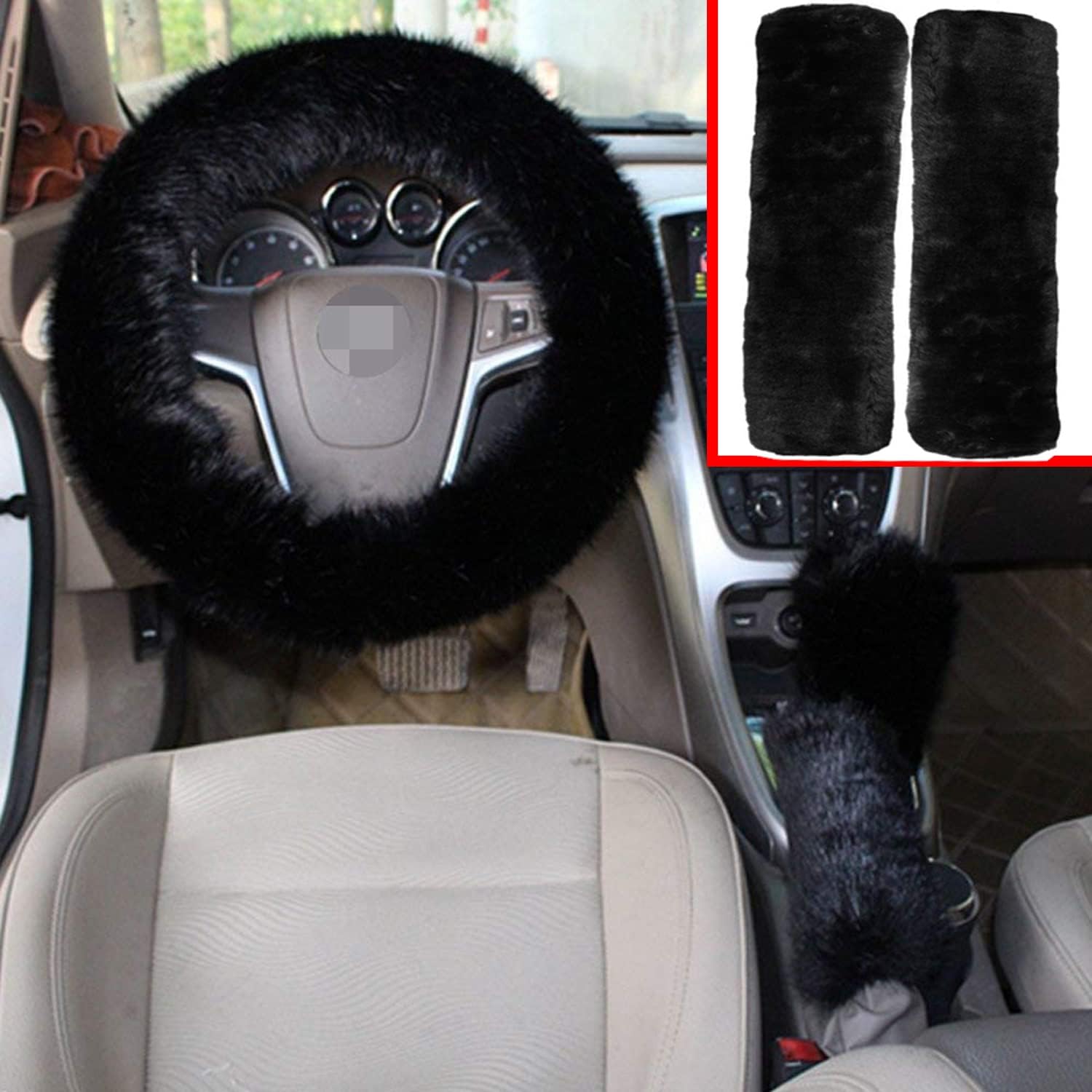 Forala 1 Set 5 Pcs Car Steering Wheel Cover & Handbrake Cover & Gear Shift Cover Set & Seat Belt Shoulder Pads Faux Wool Warm Winter (Wine Red) (Black)
