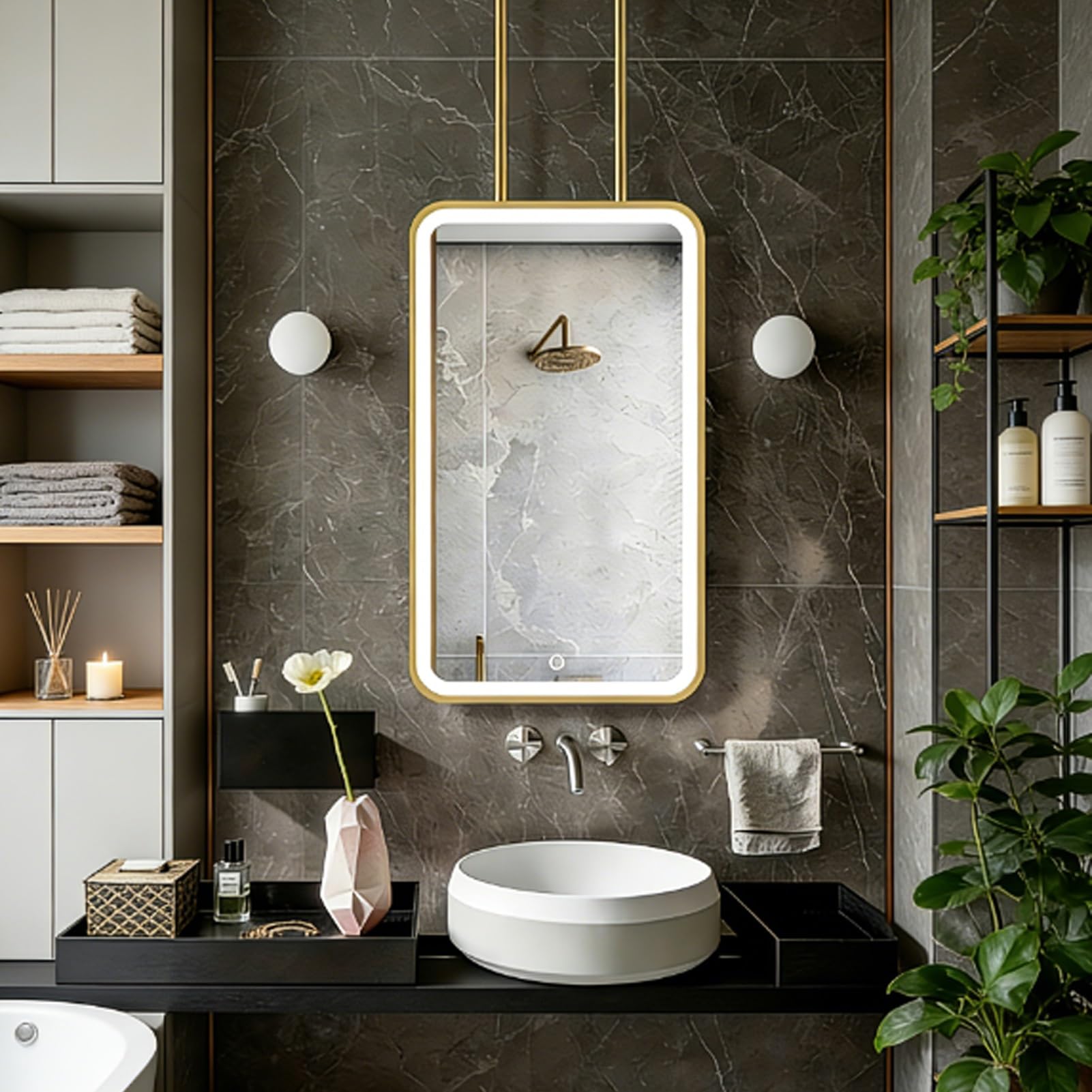 FGXHHS Gold Metal Framed Rectangle Mirror for Wall，Large Bathroom Ceiling Hanging Home Vanity Shaving Makeup Mirror，Modern LED Illuminated or Hotel(50cmx60cm)