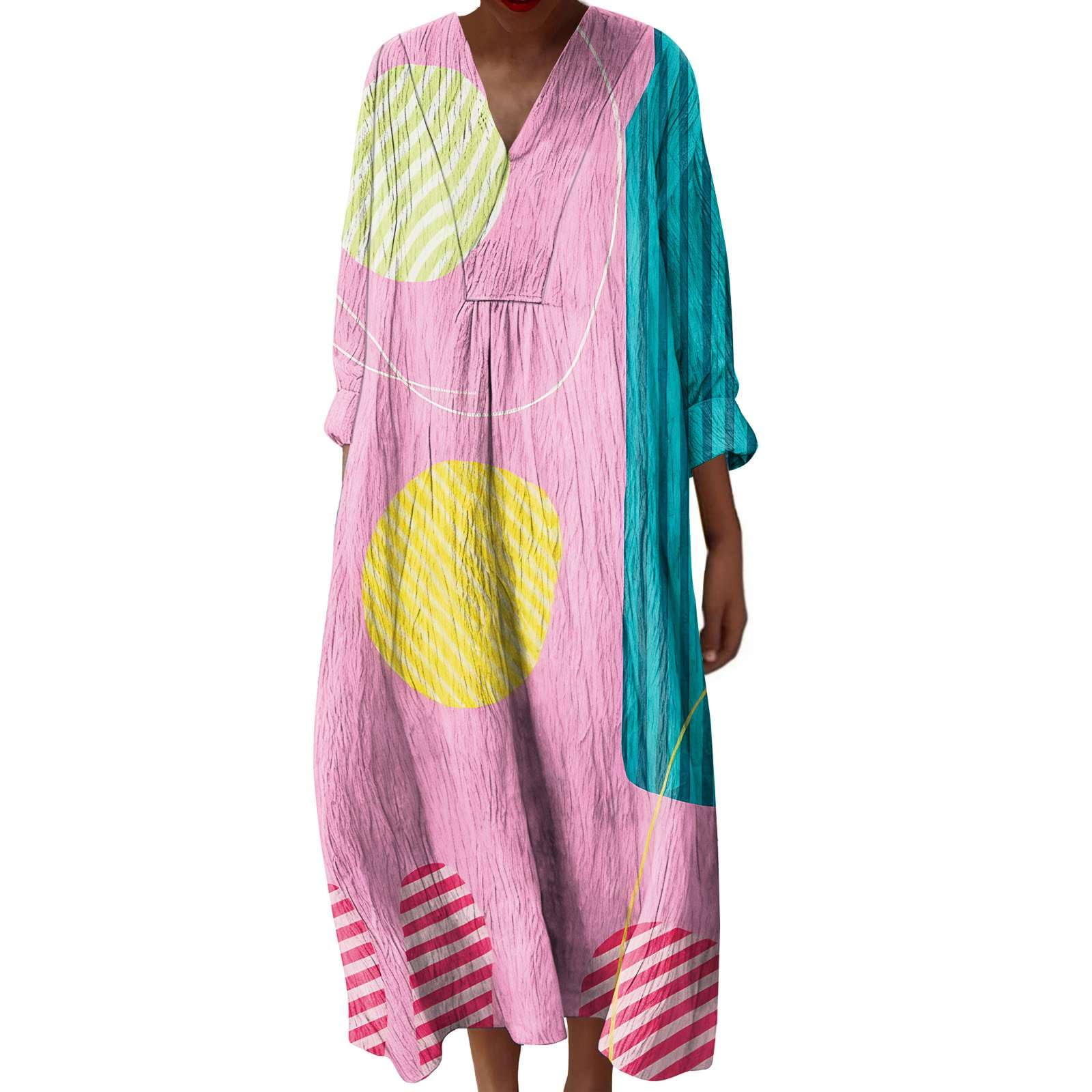 Summer Dresses for Women UK Plus Size Linen Italian Dress Boho Ethnic Print Long Short Sleeve V Neck Kaftan Cotton Casual Tunic Petite Italy Ladies Holiday Beach Clothes Sun Dress with Pockets