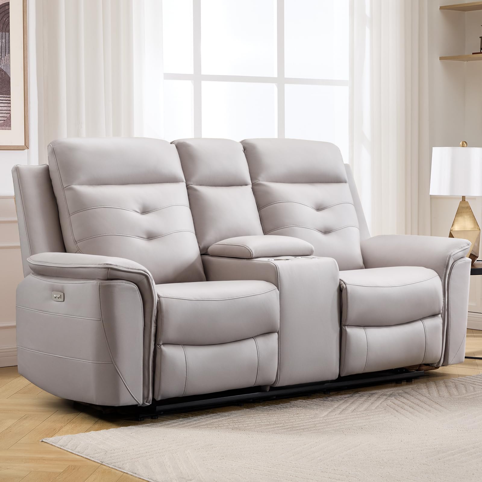 ANJ Power Reclining Loveseat Sofa with USB Charging Port, Breathable Faux Leather 2-Seater Electric Recliner Couch with Cup Holders &amp; Storage Console for Living Room, Beige