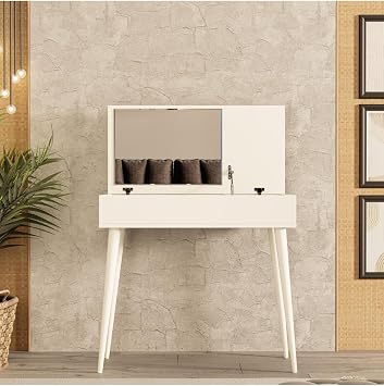 2220 Flora DÜŞer Kapakli Aynali (ahŞap Ayakli) 80 Cm Makyaj Masasi Dresuar ÇaliŞma Masasi Beyaz