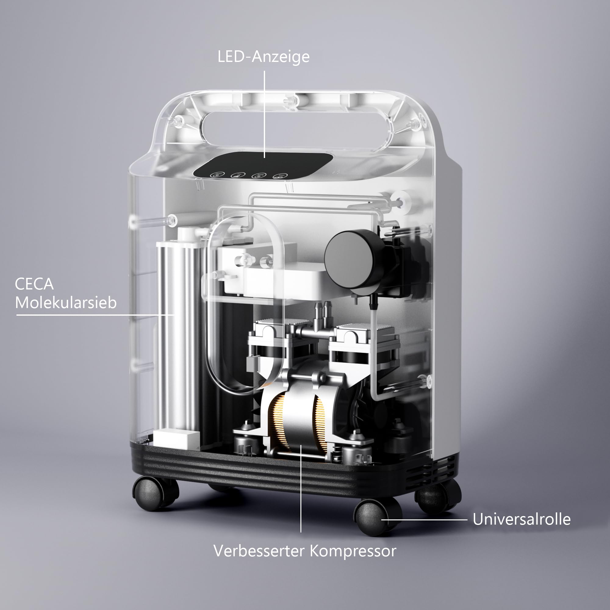 Concentratore di ossigeno portatile mobile, concentrazione 1-8L regolabile 90% ± 3%, design portatile, adatto per la casa e i viaggi (ruote universali, manuale italiano)