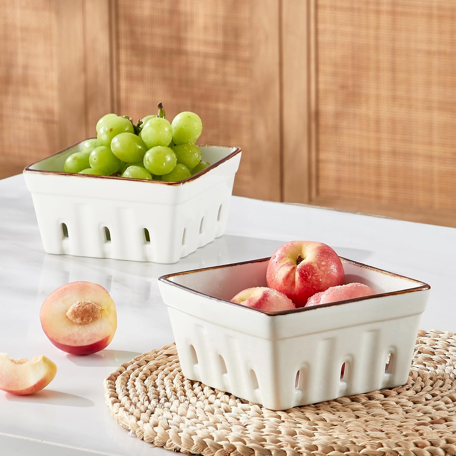 ONEMORE Ceramic Berry Basket Square Fruit Bowls with Holes Berry Bowl Colander Fruit Basket for Kitchen Décor - 5.8" Berry Containers for Fridge, Set of 2, Cream White image 2