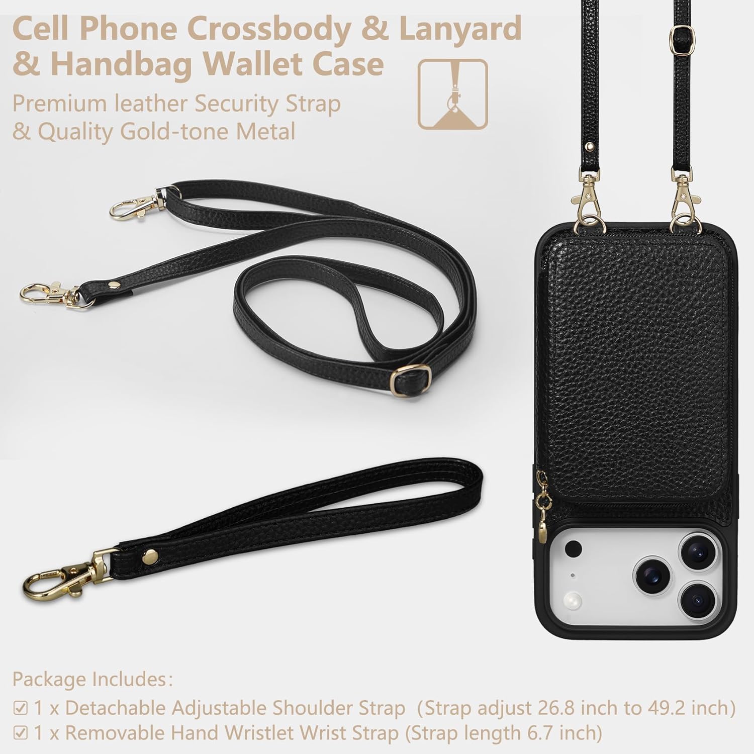 Keallce Case for iPhone 17 Pro Max 6.9'' Case Wallet, Crossbody Zipper Purse with RFID Blocking Card Slots Kickstand, Lanyard & Handstrap Flip Folio Leather Phone Cover for iPhone 17 Pro Max, Black