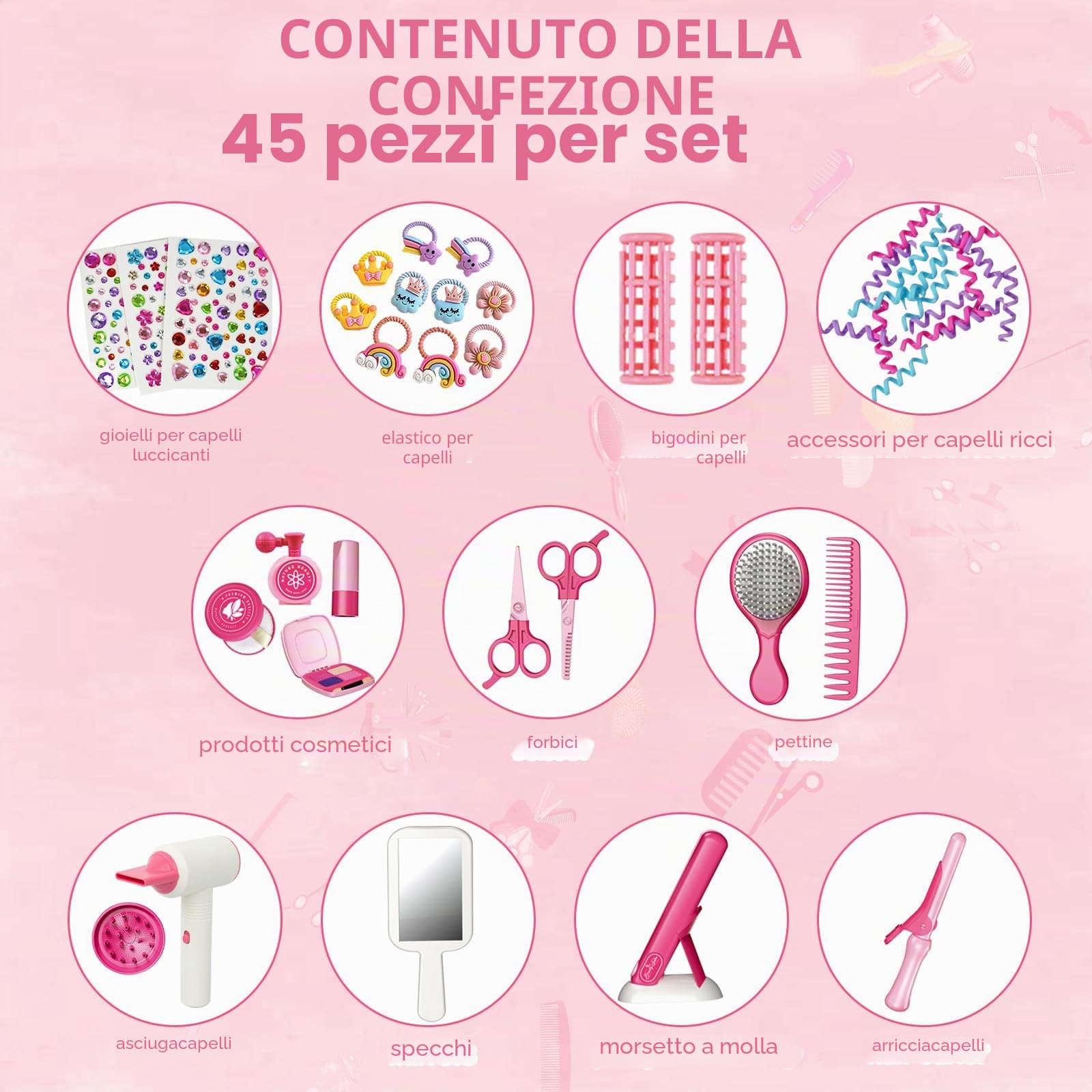 RedCrab Set Parrucchiera per Bambina con Asciugacapelli, Arricciacapelli, Piastra per Capelli, Pettine, Specchio e Accessori per Capelli, Giochi di Ruolo Regali per Bambini 3 4 5 6 7 8 Anni