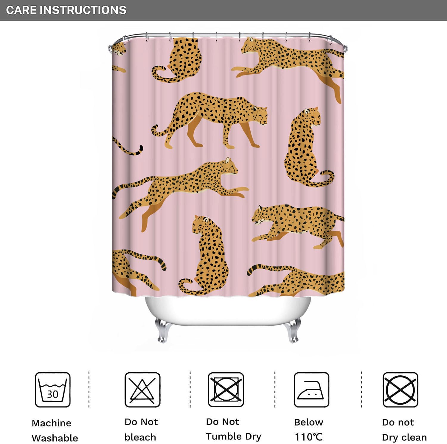 Inshere Cute Leopard Shower Curtain with 12 Hooks Pink Cheetah Animal Bathroom Curtain 72x72 Inch Waterproof - Image 3