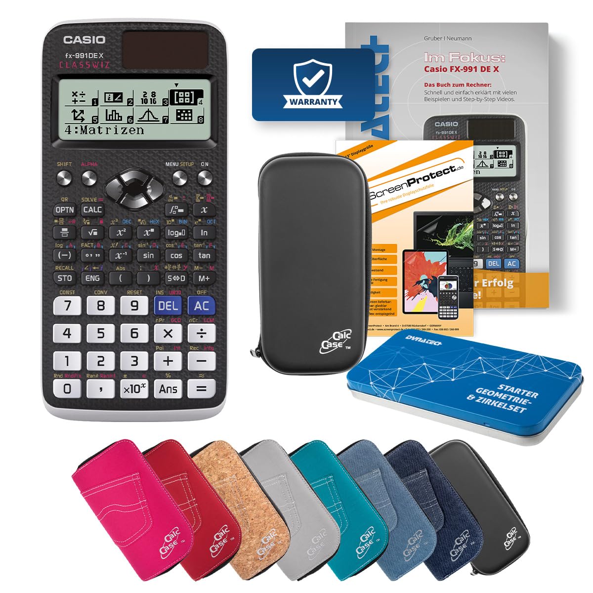Casio FX-991 DE X Rechner mit Tasche, Folie, Fachbuch und Zirkel Set (Schwarz)