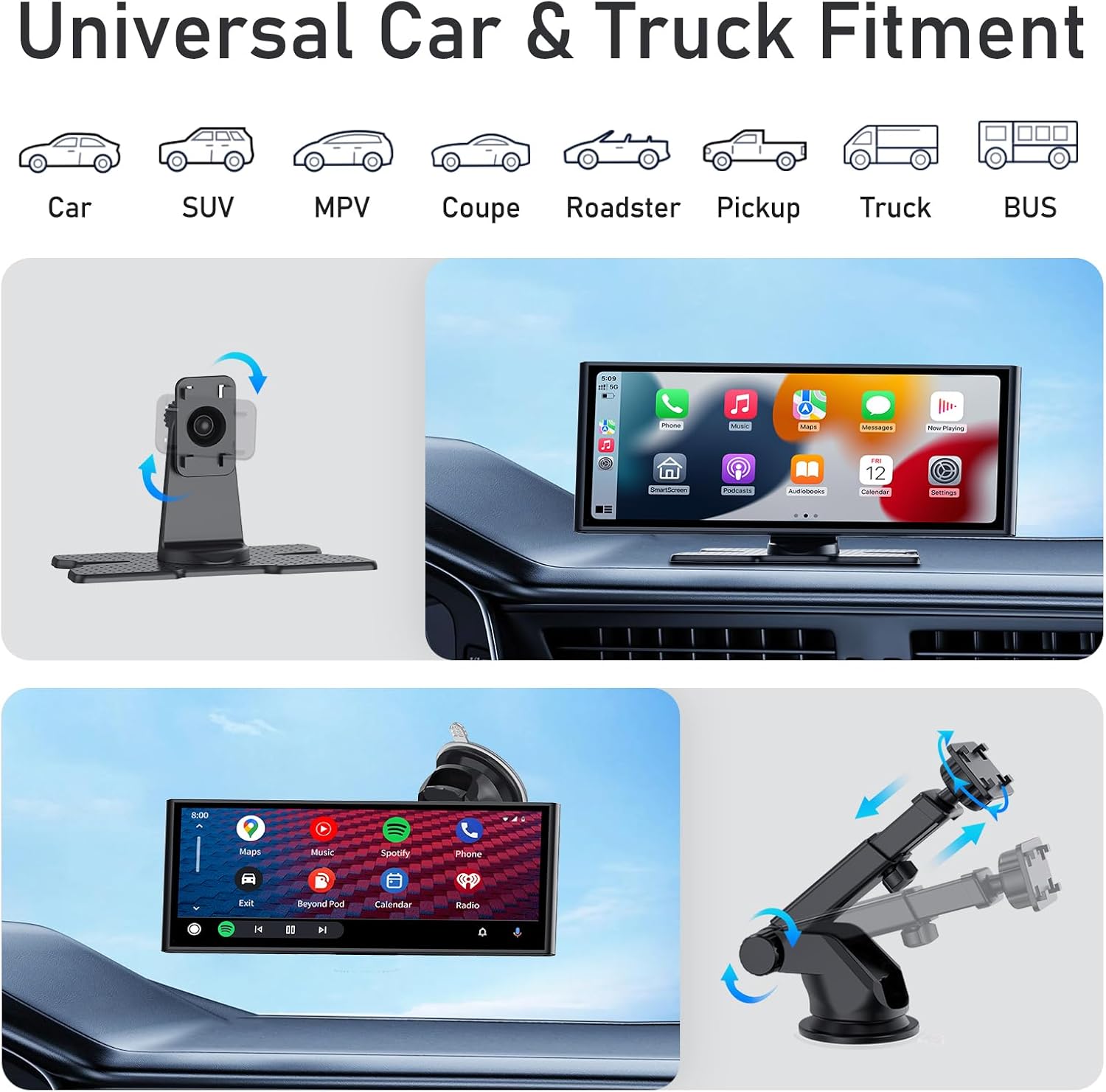 10.26 Inch Carplay Screen for Car, Compatible with Apple CarPlay & Android Auto, 4K Dash Cam & HD Backup Camera, Bluetooth, Navigation, Mirror Link, Voice Control, Carplay Tablet for Cars/Trucks