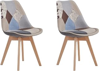 GrandCA HOME Juego de 2 Sillas de Comedor, Silla de Cocina con Estructura de Madera, Sillas Tapizadas con Asiento de Tela de Retazos (Marrón)