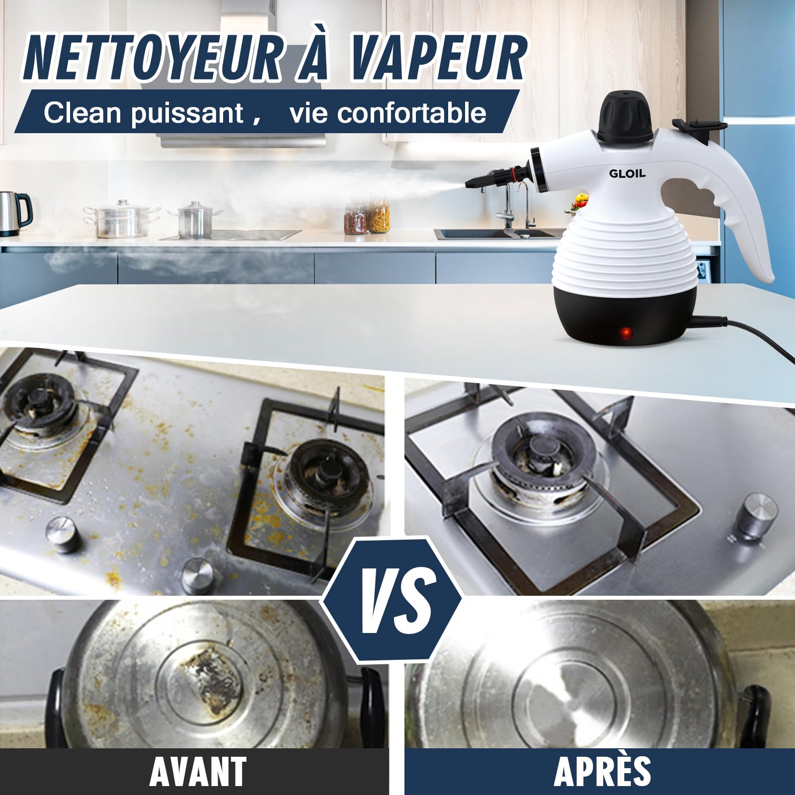 Nettoyeur vapeur pour tout, portable multi-usages avec 10 accessoires pour tapis, rideaux, canapés, cuisines et salles de bains. (Blanc Clair.)