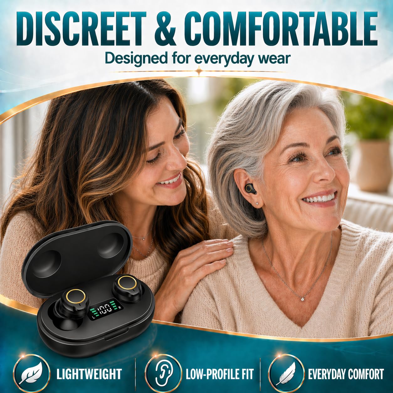 Amplificador auditivo para personas mayores, funda de carga recargable por USB, sonido aclarador de voz, ligero, ajuste cómodo, diseño estilo auriculares (negro)