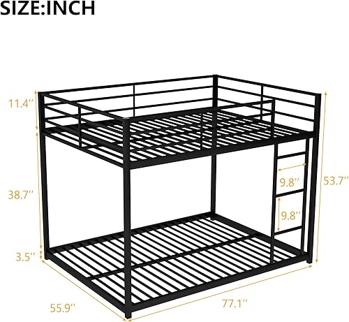 Miniatura 2 de HomJoones Litera de metal con escalera, litera baja de tamaño matrimonial sobre matrimonial, con rieles de protección de seguridad para niños y