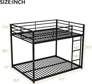 Bellemave Metal Bunk Bed Full Over Full, Low Profile Bunk Bed Frame with Ladder & Full Length Guardrail, Space-Saving Twin Size Bed Frame for Kids Teens, No Box Spring Needed (Black)