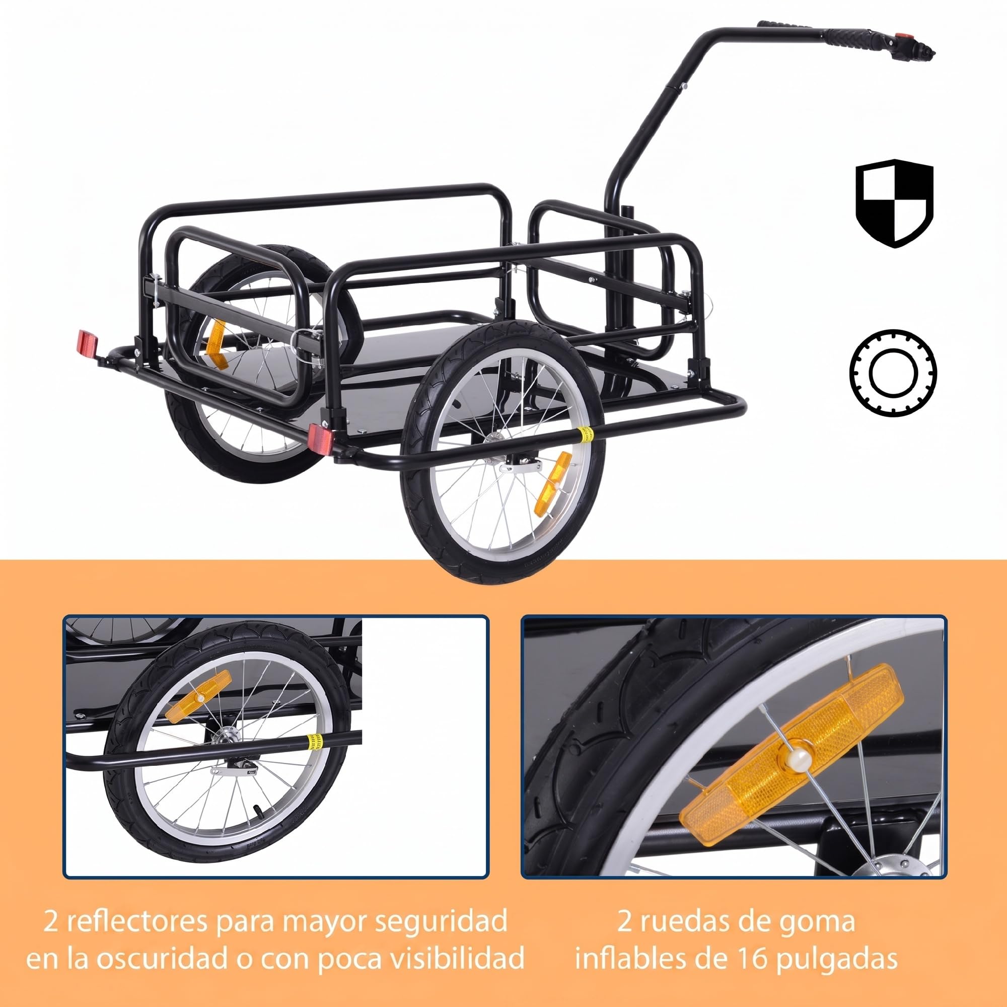 HOMCOM Remolque de Carga para Bicicleta Carro para Bicicleta Plegable con 2 Ruedas Reflectores Seguros Carga 40 kg 155x71,5x77 cm Negro