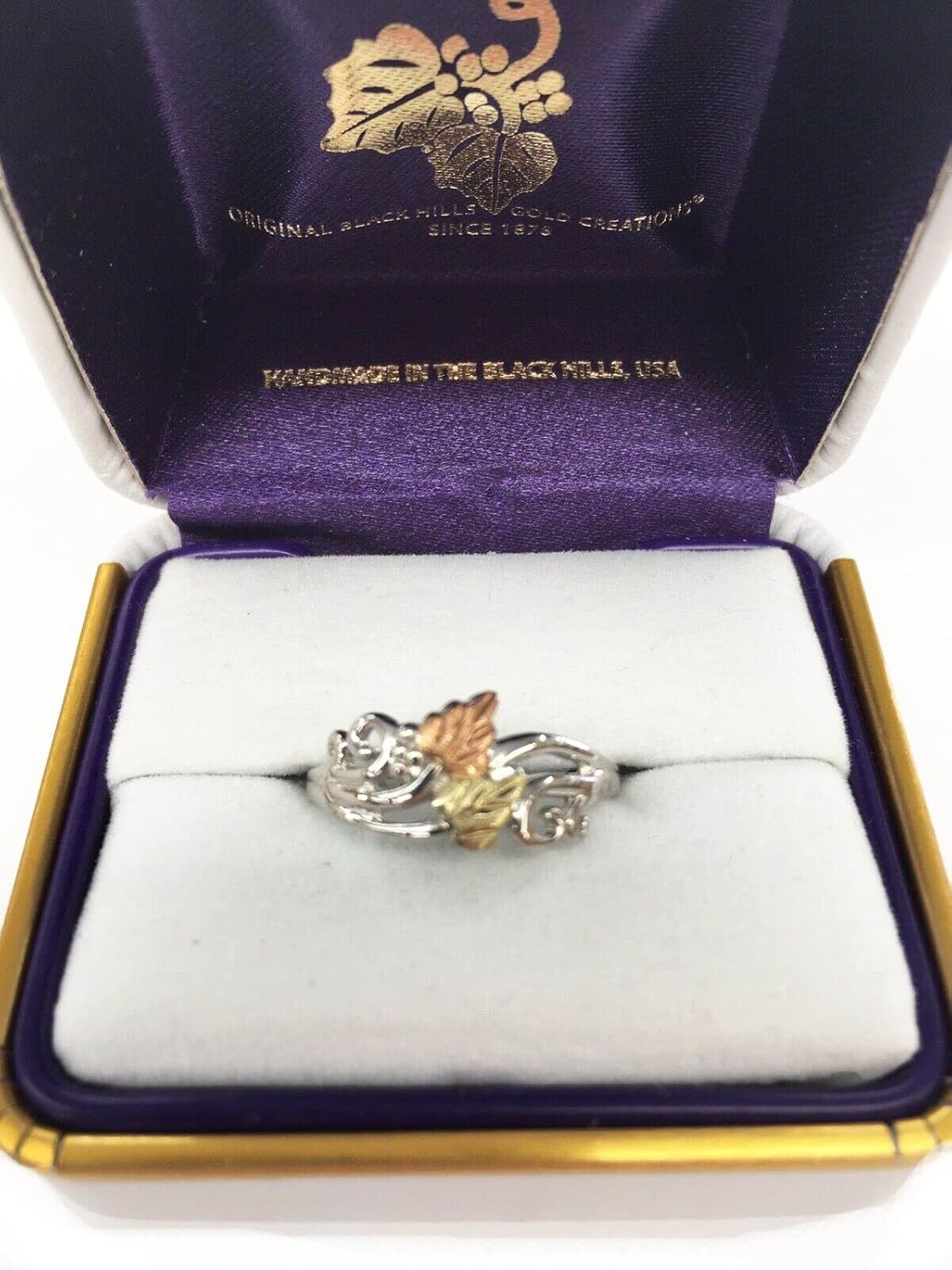 Leaf and Scrolling Vine Ring, Sterling Silver, 12k Green and Rose Gold Black Hills Gold Motif