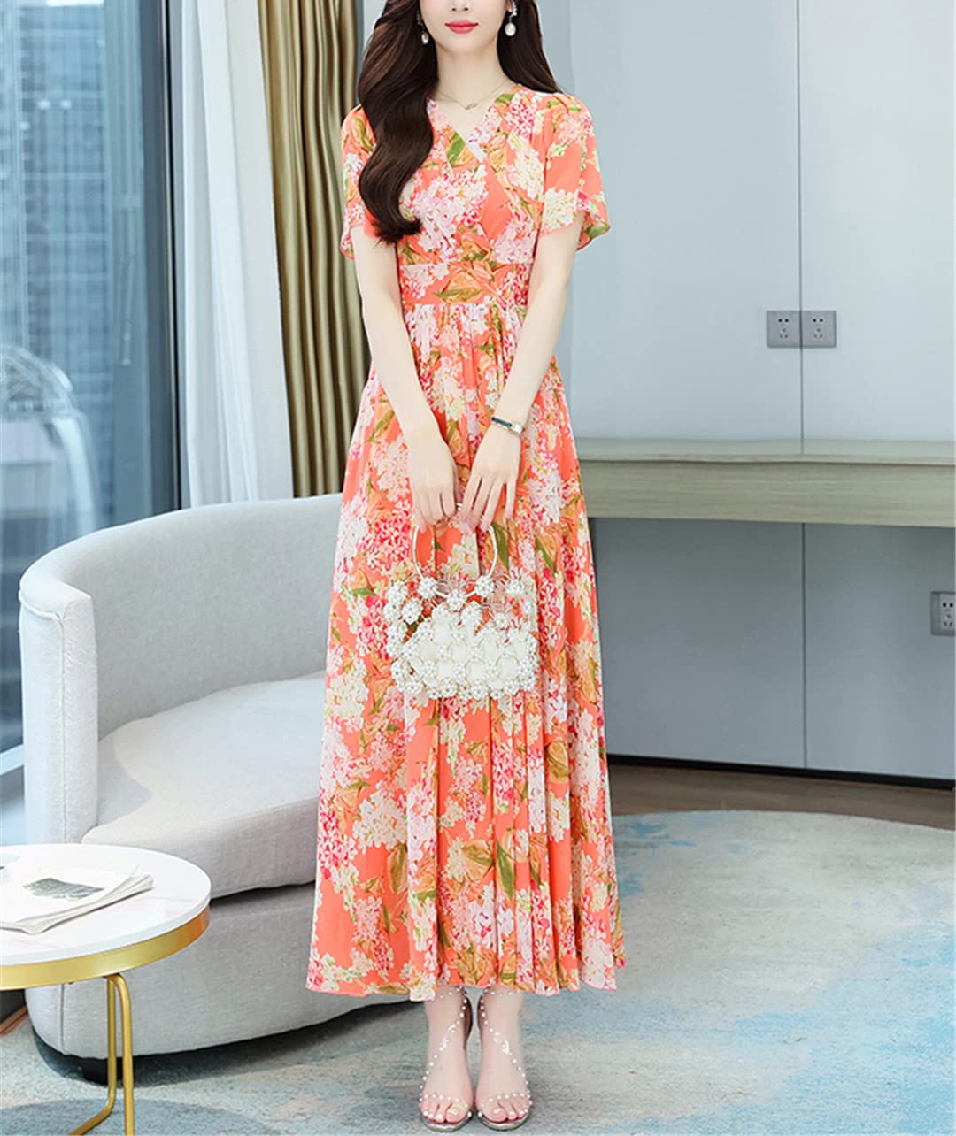 Abito estivo da donna, lungo, in chiffon, floreale, con scollo a V, per feste