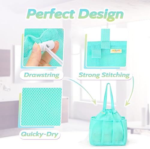 Miniatura 4 de Organizador de ducha de malla portátil, esencial para dormitorio universitario, niñas y chicos, bolsa de ducha azul de gran capacidad para baño,