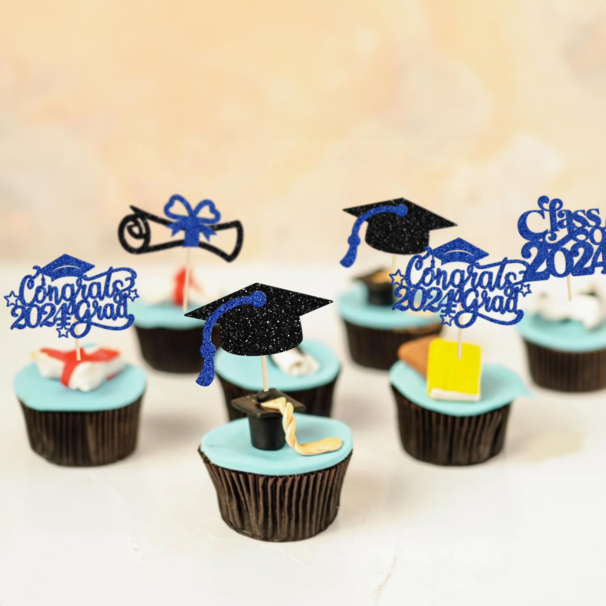 Gyufise 24Pcs 2026 Graduation Cupcake Toppers Glitter Class of 2026 Diploma 2026 Congrats Grad Cap Cupcake Picks 2026 Graduation Theme Party Cake Decorations Supplies Blue - Image 4