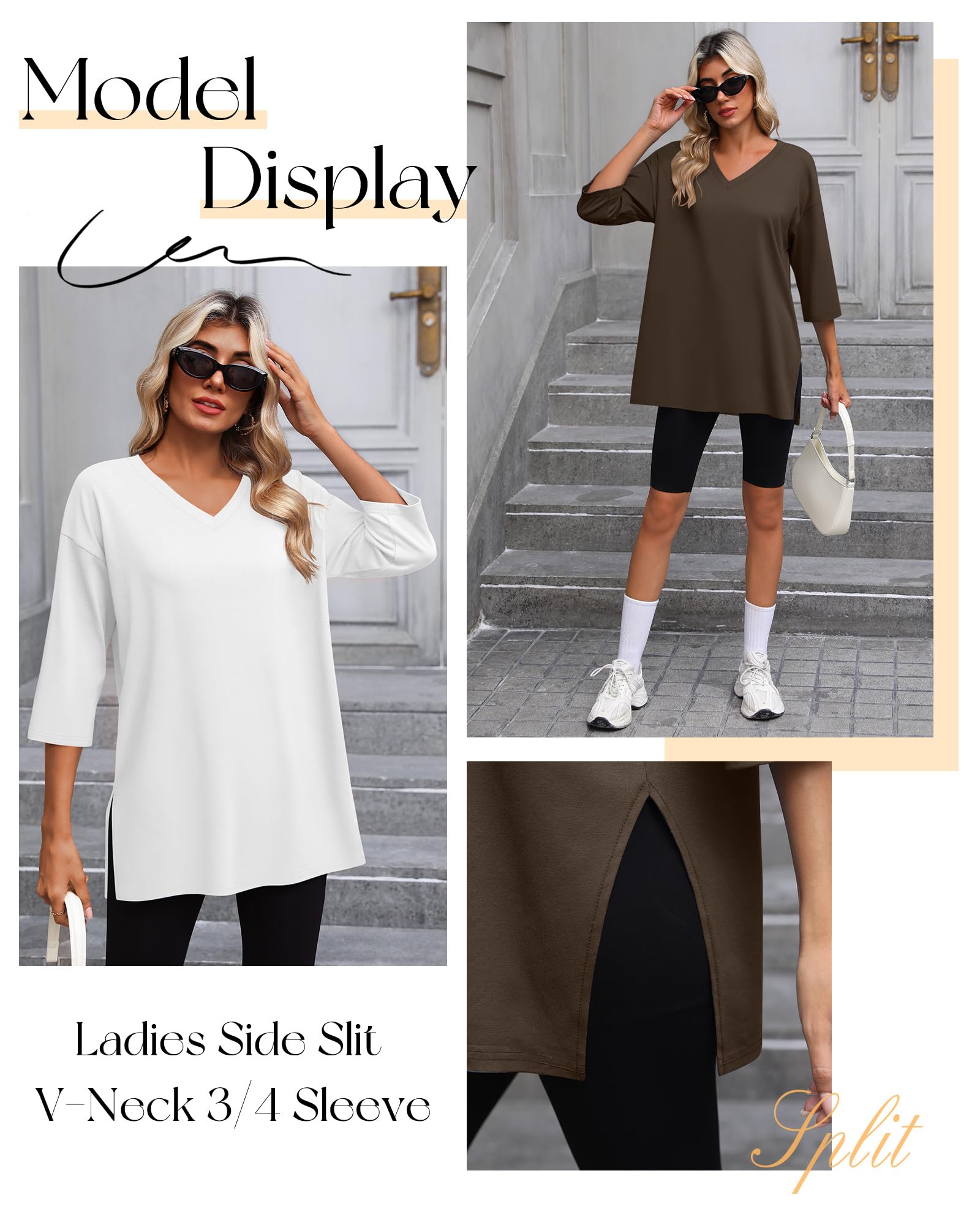 Pack 3 Tops Mujer Oversize Manga 3/4 Cuello V | Túnicas Con Aberturas Laterales, Camisetas Holgadas, Ropa Transpirable, Prendas Casual, Outfit a Capas, Moda De Otoño