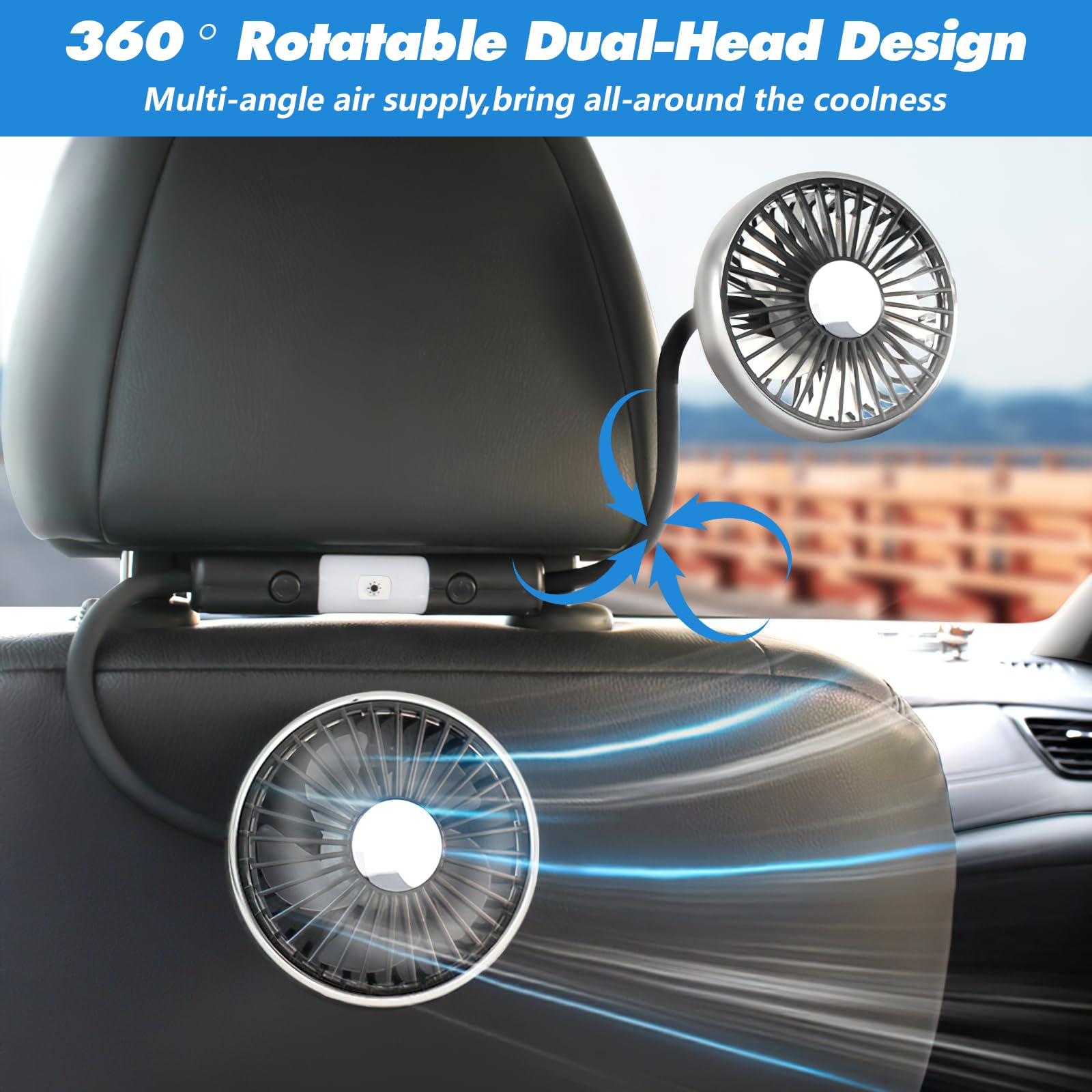 Ventilateur de voiture pour Banquette Arrière Ventilateur USB à Double Tête, 3 vitesses et rotation à 360° Ventilateur de refroidissement Automatique de Voiture, s pour camion SUV RV