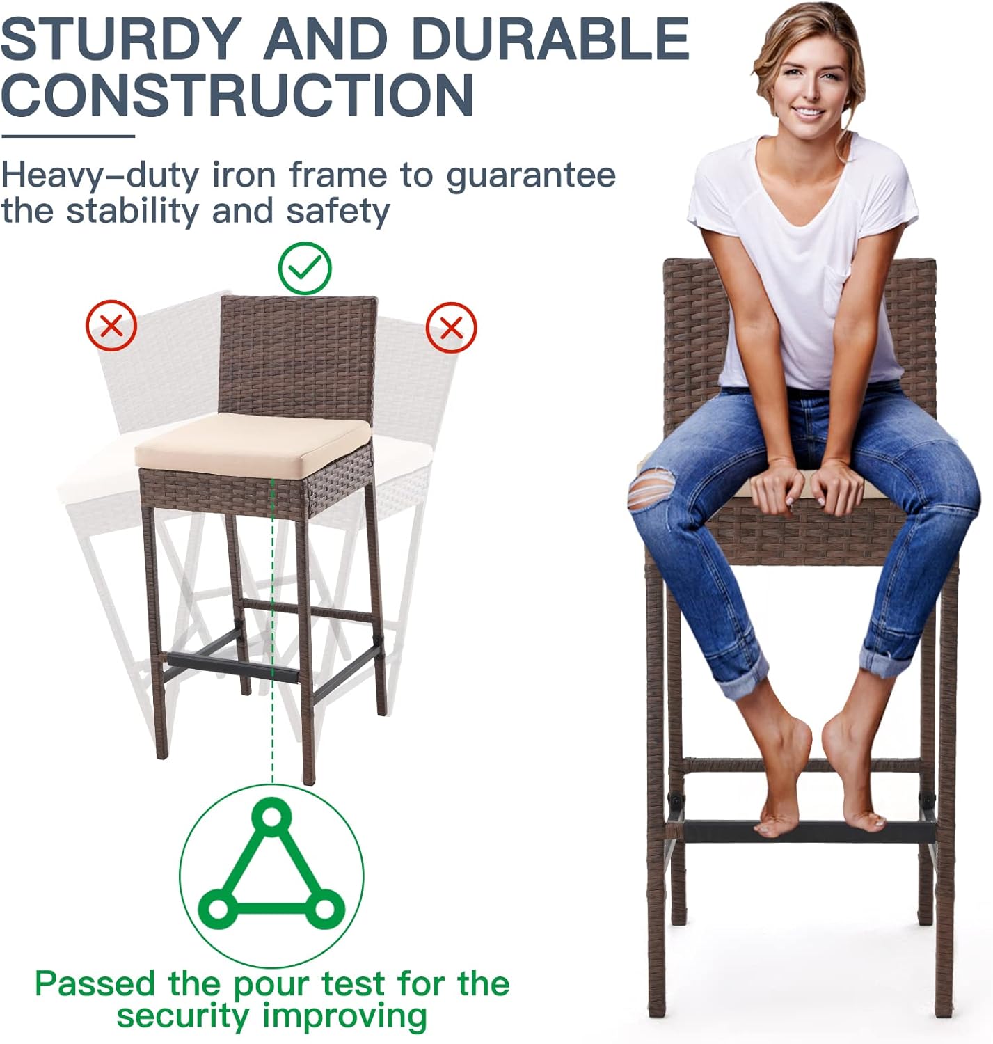 ECOTOUGE Rattan Bar Stools Set of 2, Patio Wicker Bar Stools with Cushions, Patio Bar Chairs Armless for Backyard, Poolside, Deck (Brown)