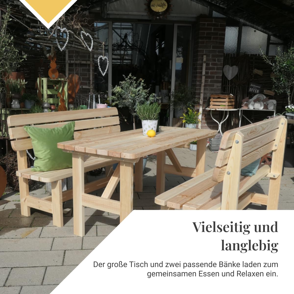 Gartengarnitur aus Holz | Set bestehend aus Gartentisch & Bänken mit Lehne | Hochwertige Sitzgarnitur für den Garten | PEFC-zertifizierte Gartenmöbel für Draußen (Natur)