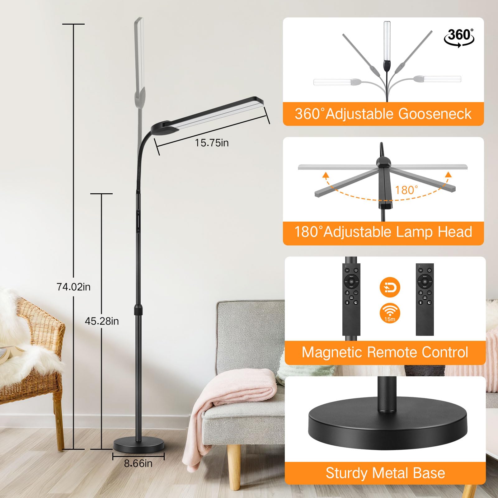 OUTON Stehlampe LED Dimmbar, Leselampe mit 4 Farbtemperatur, Fernbedienung und Touch Steuerung, 1H Timer, für Wohnzimmer Schlafzimmer Büro, Schwarz