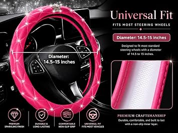 Bling Rhinestone Steering Wheel Cover Women with Crystal Diamond Universal 15in Leather Car Steering Wheel Cover Fit Suvs,Vans,Sedans,Car (2-Pink with Crown)