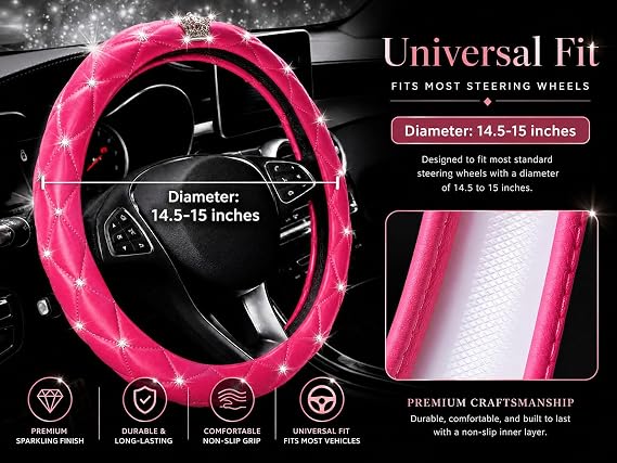 Bling Rhinestone Steering Wheel Cover Women with Crystal Diamond Universal 15in Leather Car Steering Wheel Cover Fit Suvs,Vans,Sedans,Car (2-Pink with Crown)
