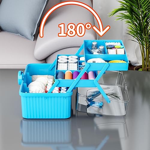 Miniatura 3 de Caja de plástico para manualidades de 3 capas de 13 pulgadas con asa, caja de almacenamiento multiusos para suministros de arte, cabello y costura,