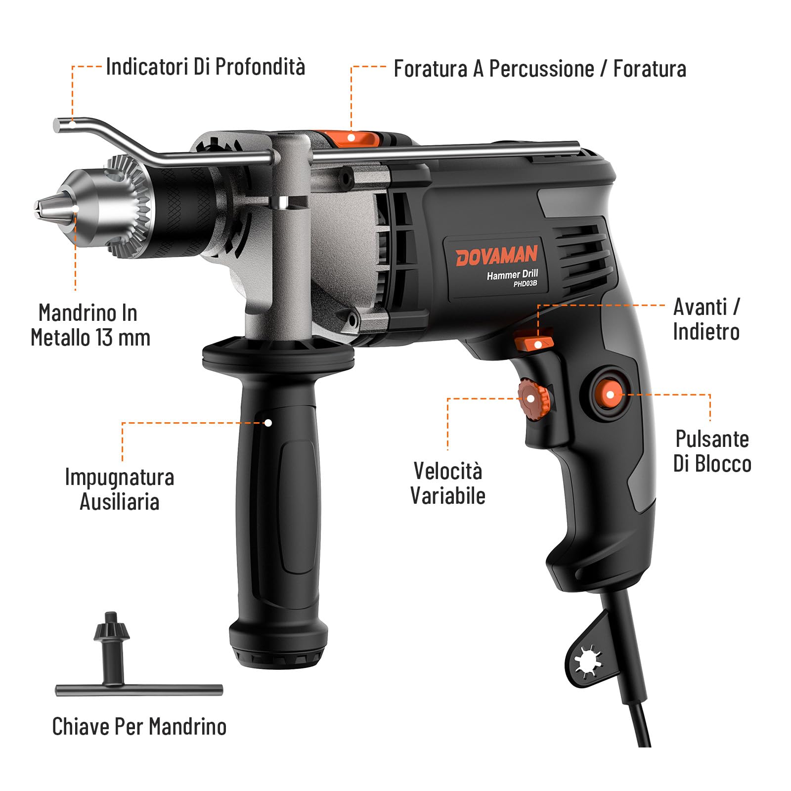 DOVAMAN Trapano a Percussione 850W, Funzione 2 in 1, Mandrino da 13 mm, Velocità Regolabile 0-3000 giri/min, Set Trapano Elettrico con Cavo e Accessori per Calcestruzzo, Metallo, Legno