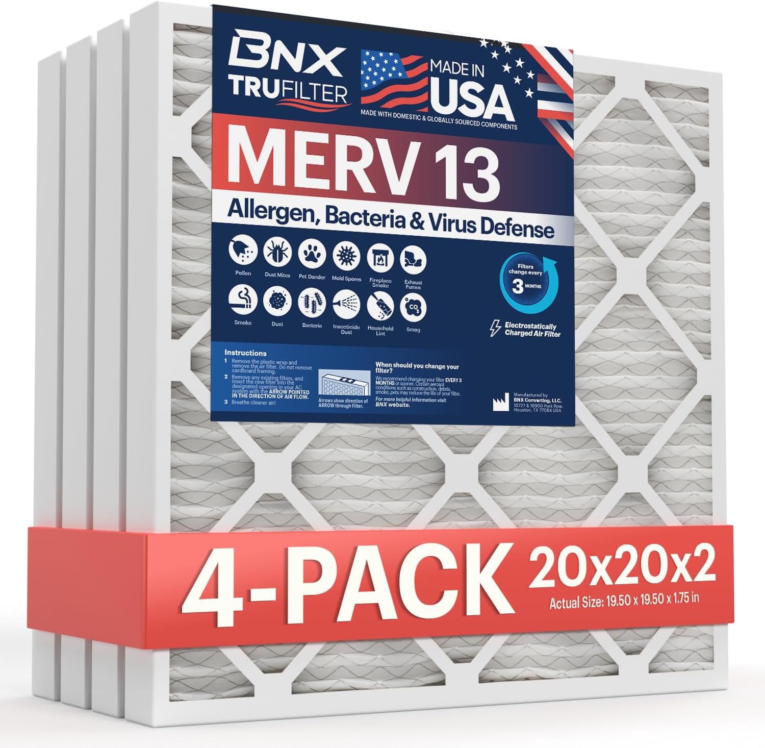 BNX TruFilter 20x20x2 Air Filter MERV 13 (4-Pack) - MADE IN USA - Electrostatic Pleated Air Conditioner HVAC AC Furnace Filters for Allergies, Pollen, Mold, Bacteria, Smoke, Allergen, MPR 1900 FPR 10 20x20x2 4-Pack
