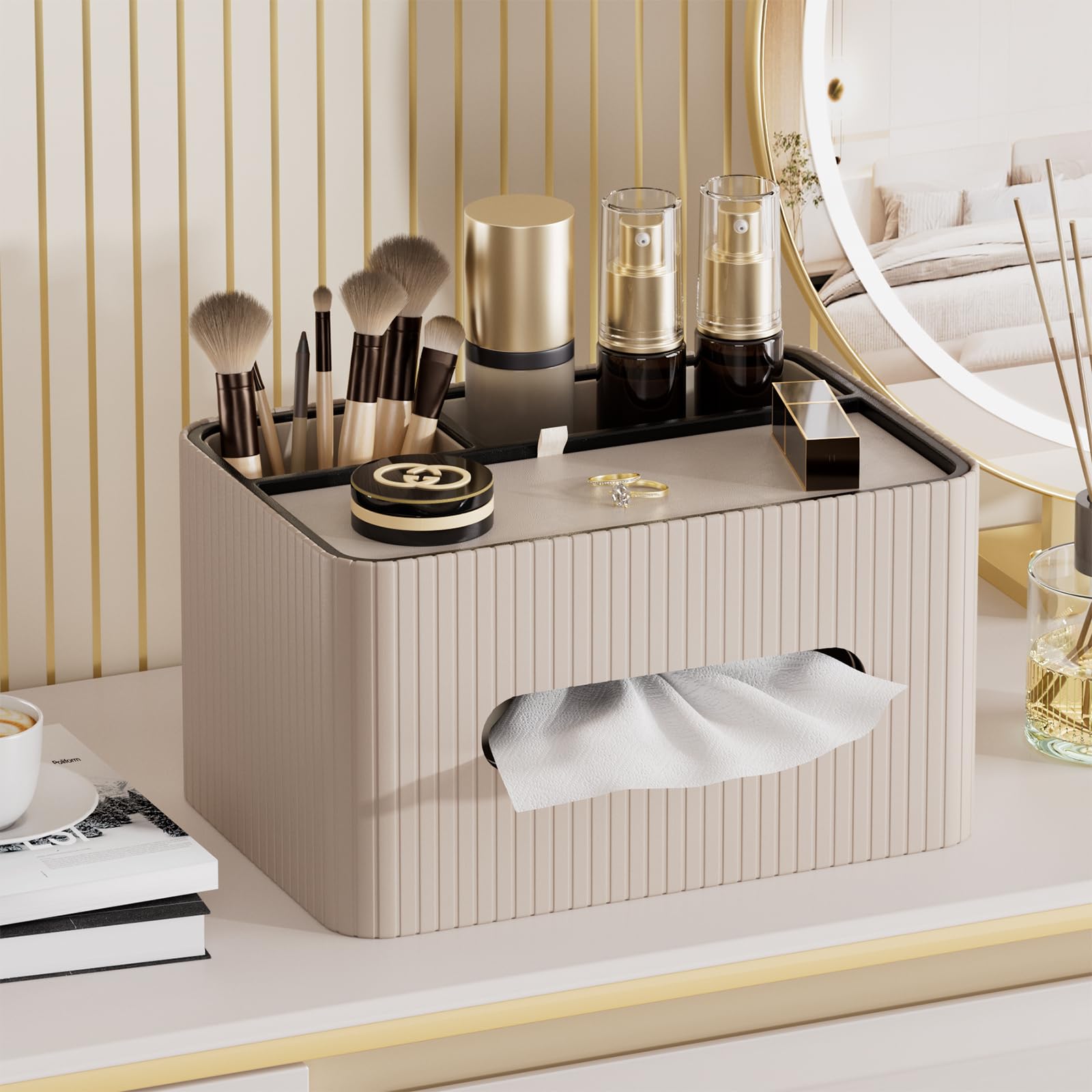 KINGFOM Kosmetiktücherbox aus PU Leder mit Ablage, Rechteckige Taschentuchbox mit 2 Fächern – Moderne Tissue Box Taschentuchspender für Wohnzimmer, Badezimmer & Büro, Tücherbox Organizer (Beige)