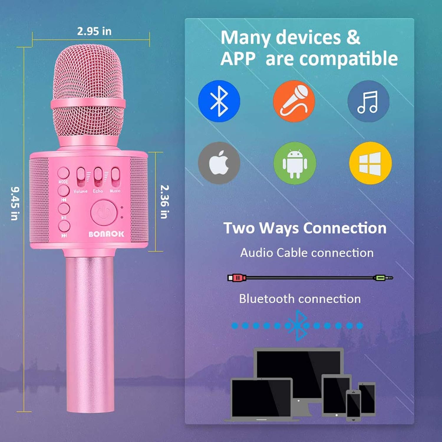 BONAOK Wireless Bluetooth Karaoke Microphone,3-in-1 Portable Handheld Karaoke Mic Speaker Machine Home Party Birthday for All Smartphones PC(Q37 Rose Gold) - imagen 3