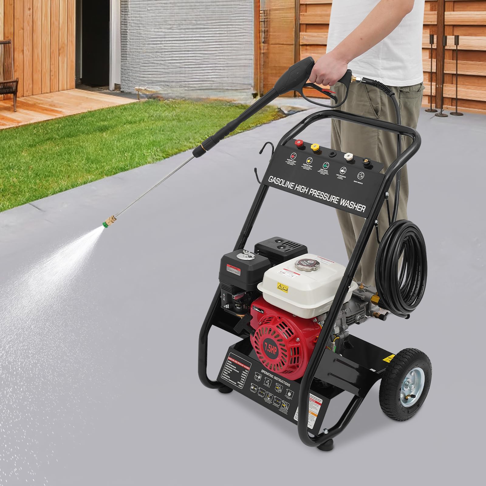 Petrol Pressure Washer - 7.5HP Gas Power Washer with 5 Spray Nozzles & Spray Gun, Extension Wand, 2200 PSI, 2.3 GPM, 8M Hose, 4-stroke Air-cooled Petrol Jet Wash for Patio and Car, Driveways