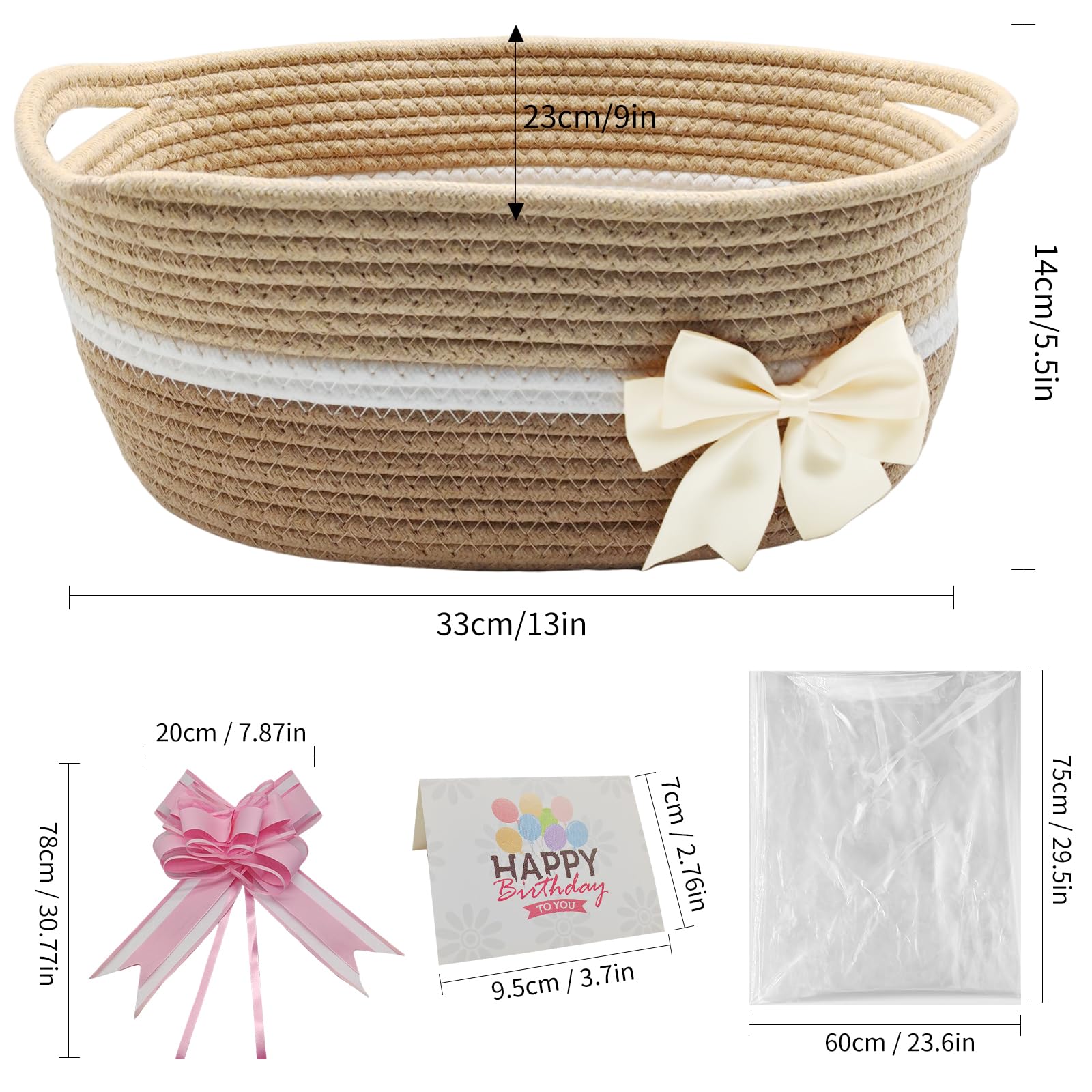 Panier cadeau en coton tissé vide avec nœuds, sacs et papier déchiqueté, pour fête prénatale, remise de diplôme, pendaison de crémaillère, Pâques, 32 x 24 x 14 cm, café
