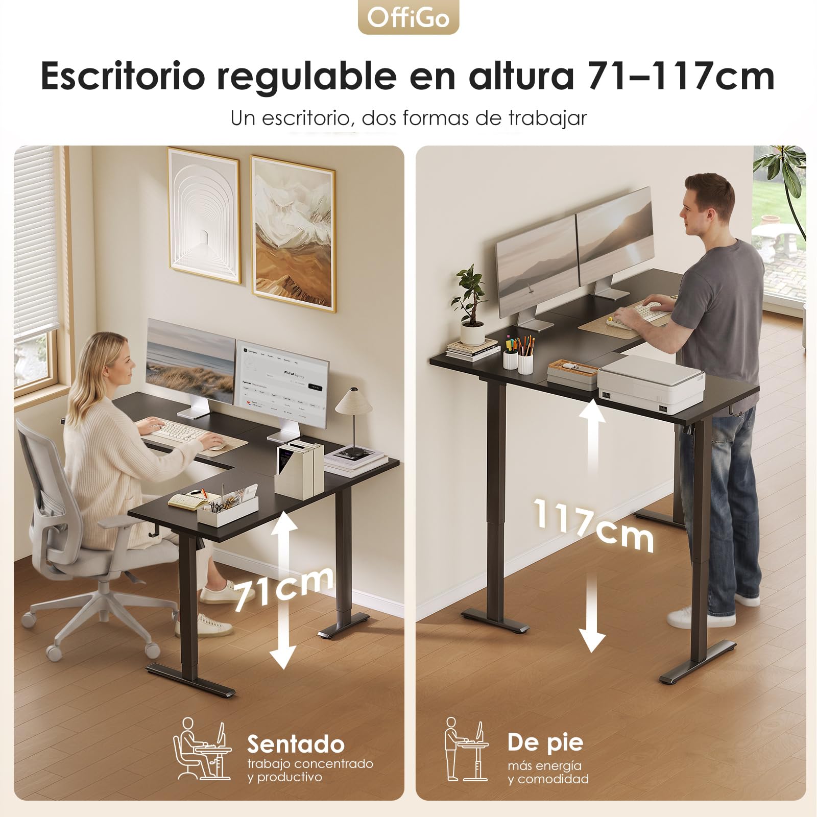 OffiGo Esquinero Escritorio Elevable, Mesa Escritorio 160 x 120 cm, Nero