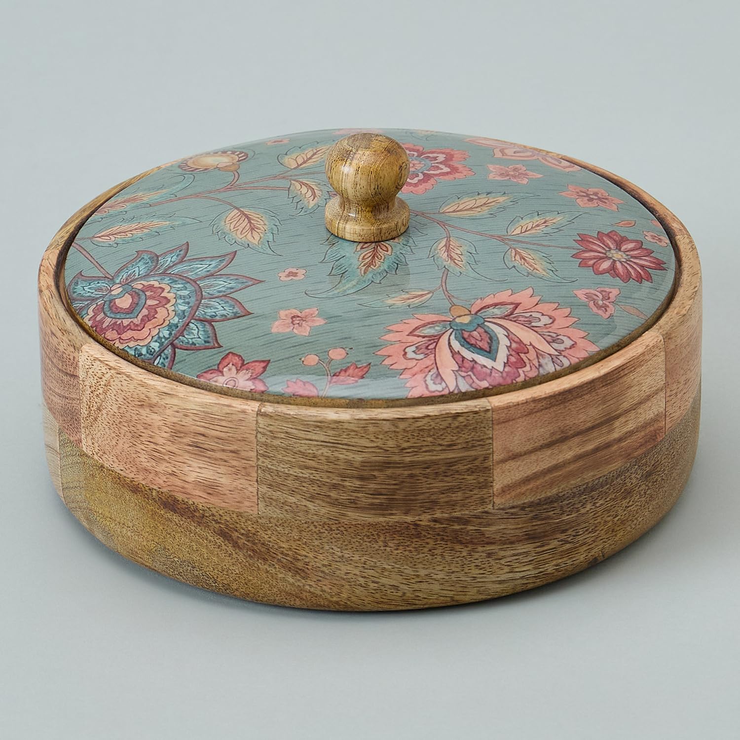 Saaga Mango Wood Chapati Box with Lid | 8 Inch Food-Grade Lacquered | Round Roti Casserole Hot Pot for Kitchen & Table Serving – Tuscan-image-1