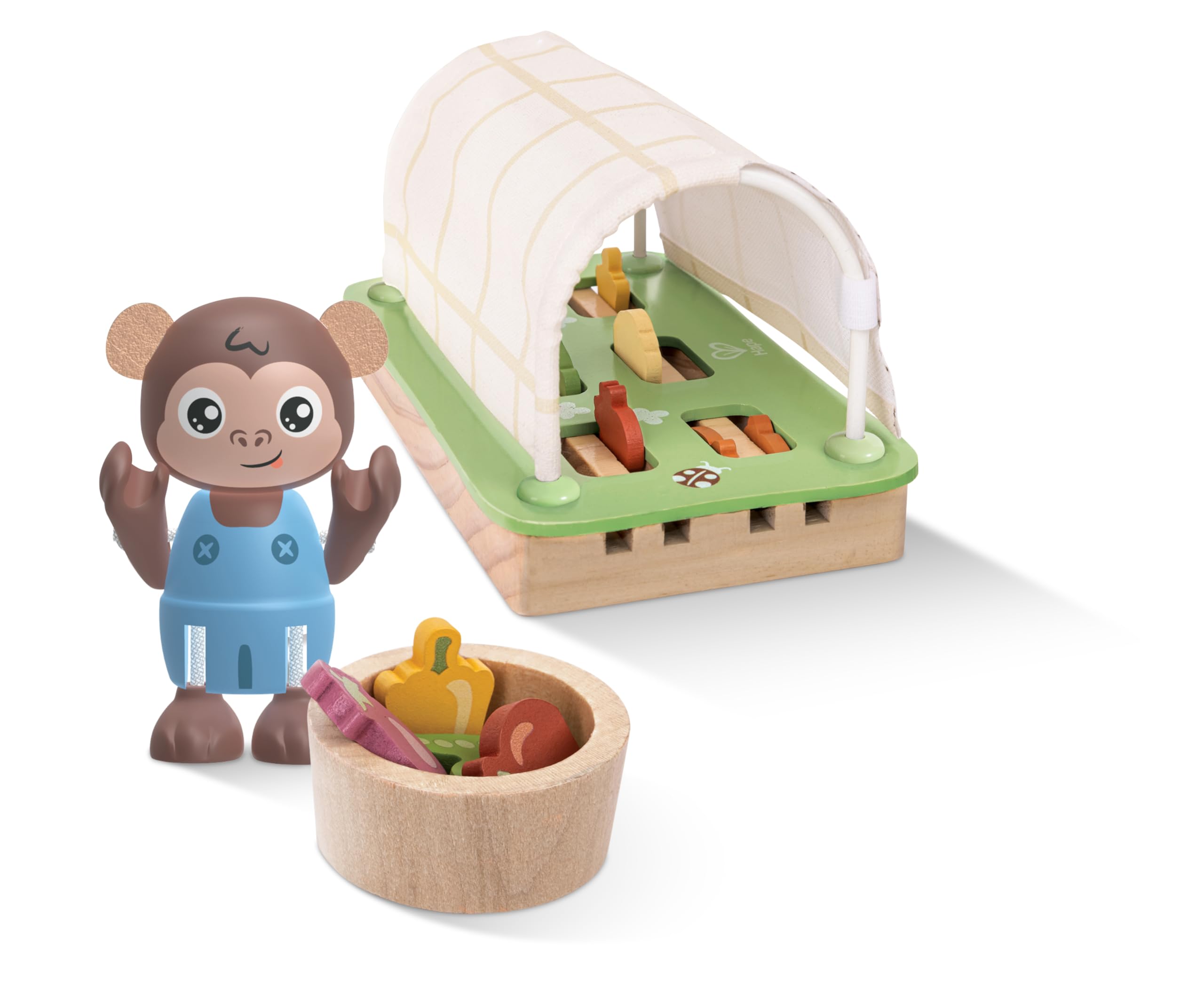 Hape Green Planet - Aria e l'Auto a Energia Solare - Set in legno e green PE con personaggio, auto e alberi per gioco di ruolo dai 3 anni