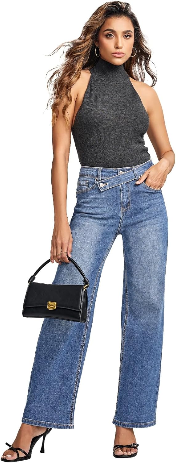 EVALESS Jeans for Women Trendy 2025 Overlap Waist Straight Wide Leg Stretchy Denim Pants - Image 6