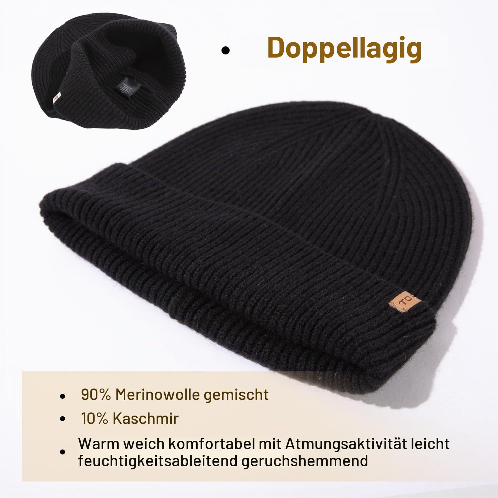 TOP-EX Übergroße Kaschmir Merinowoll Unisex Schädelmütze mit Umschlagrand gestrickte Wintermütze