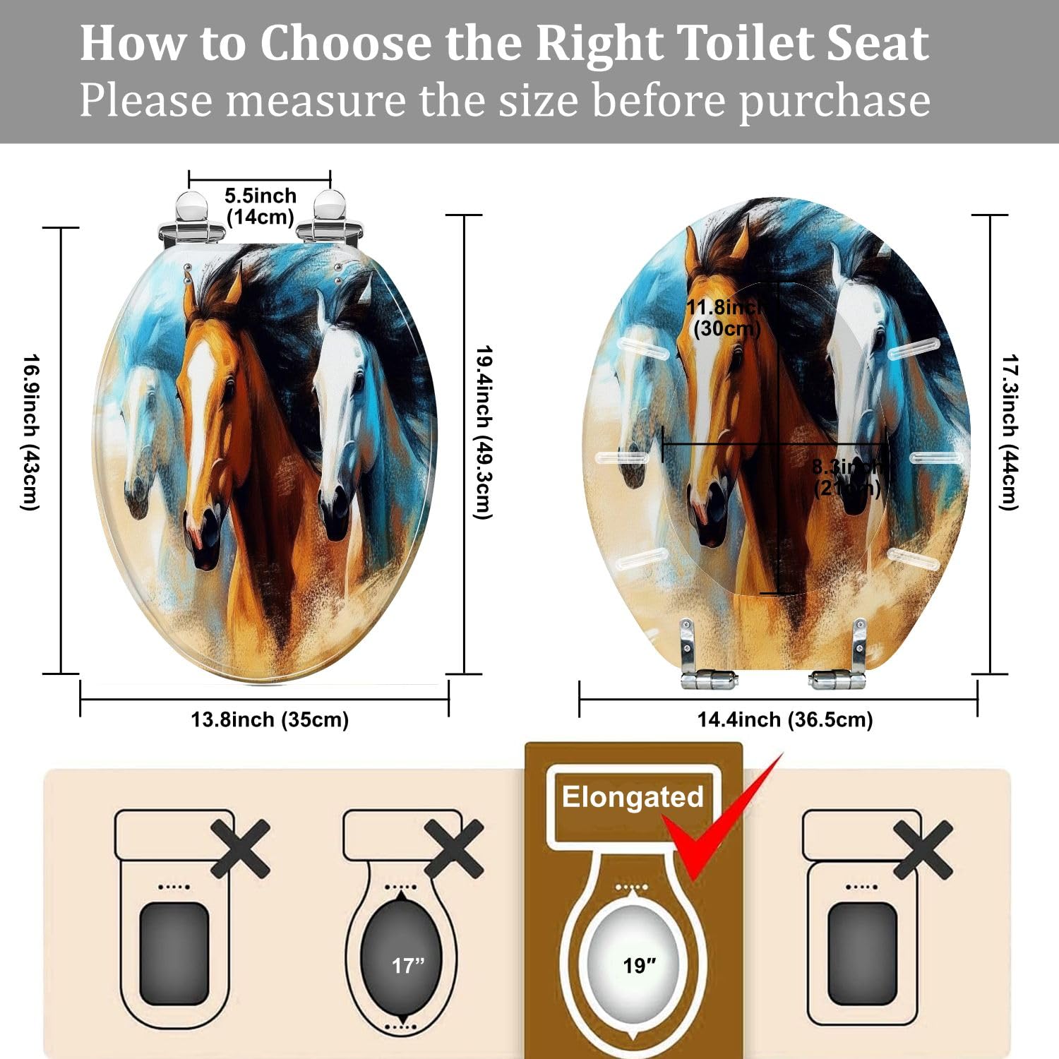 Asiento de inodoro alargado de resina con manada de caballos salvajes, cierre silencioso, bisagras de liberación rápida, cubierta decorativa, fácil de instalar