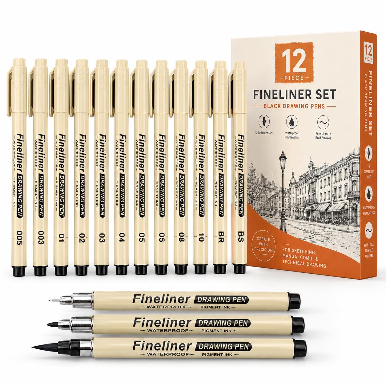 Pnrskter Black Fineliner Pens, 12 Pack Black Waterproof Assorted Nibs