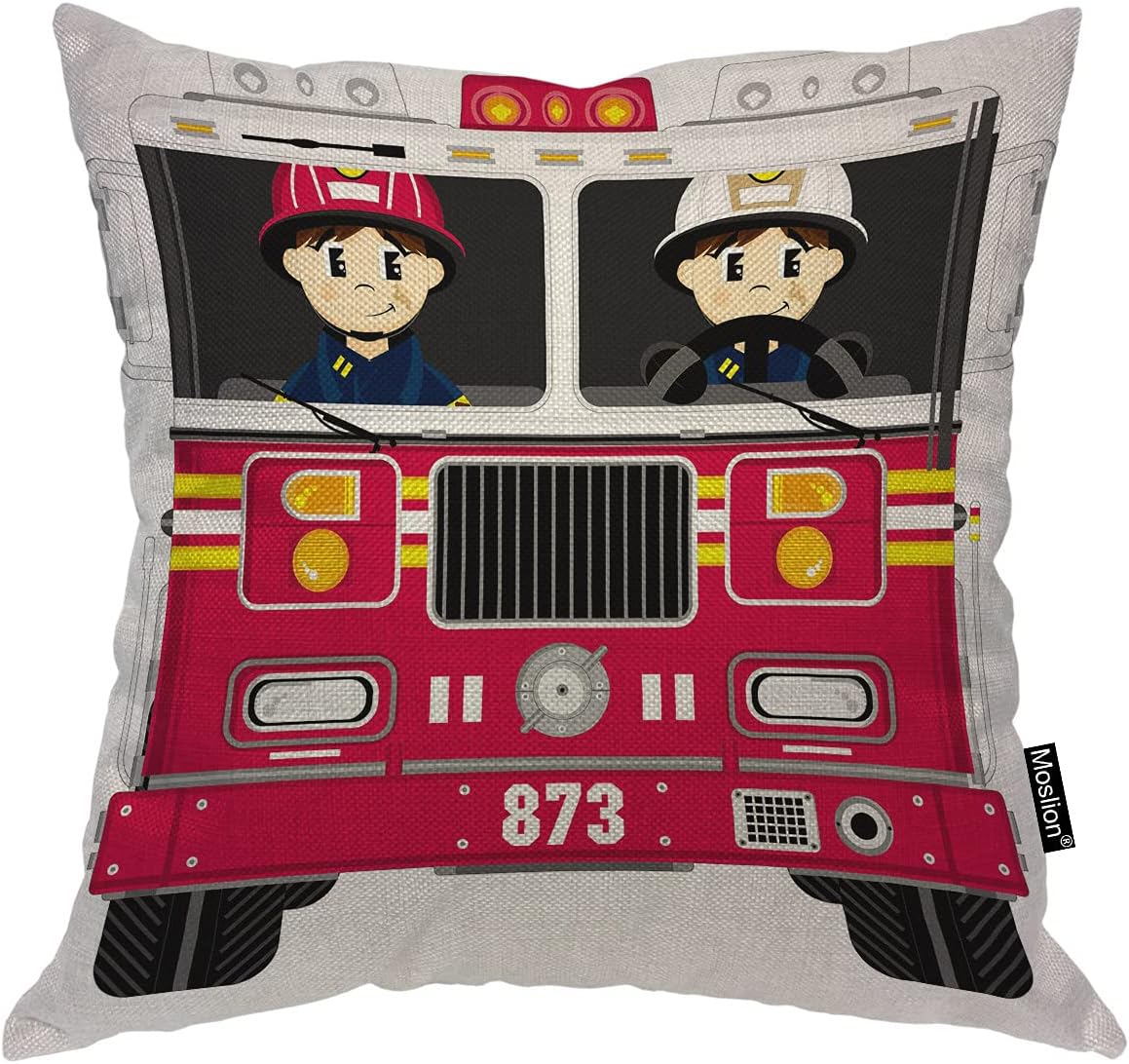 Moslion Fireman and Fire Engine Cartoon Firefighter Helmet Fire Red Truck Throw Pillow Covers Pillowcases 18x18 Inch Cotton Linen Home Pillow Protector for Men Women